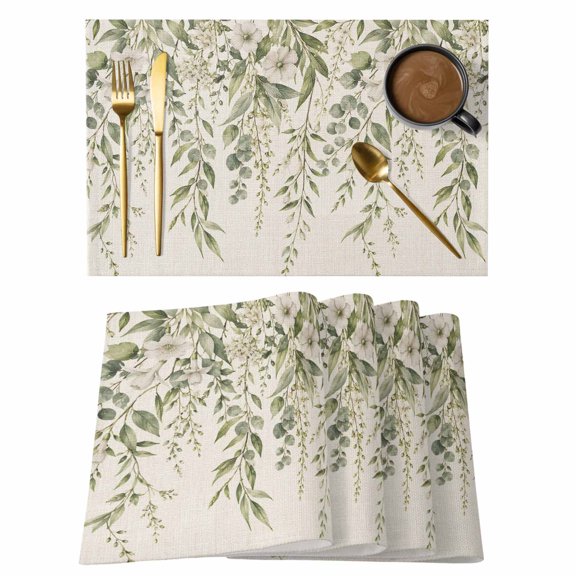Green Eucalyptus Leaf Placemats Set of 12, Country Pastoral Vintage Flowers Leaves Non-Slip Place Mats Washable Table Mats for Kitchen Dining Table Decorations Indoor/Outdoor