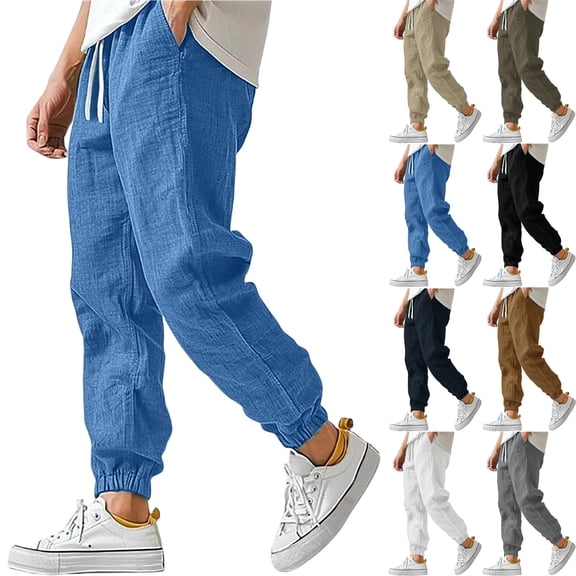 Zimjoy Cotton Linen Pants for Men Elastic Waist and Ankle Drawstring Baggy Style Lightweight Breathable Beach Pants Light Blue L