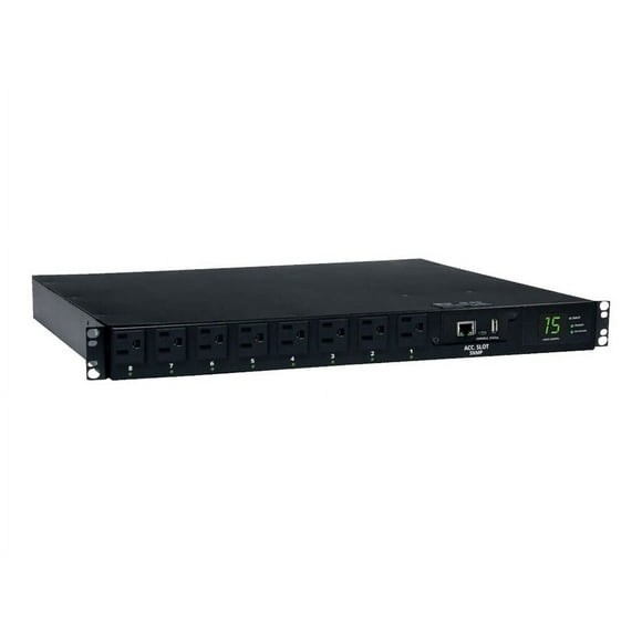 Eaton Tripp Lite Series PDU Switched ATS 120V 1.4kW 15A 5-15R 8 Outlet 2 5-15P 1URM - Horizontal rackmount - power distribution unit (rack-mountable) - 15 A - AC 120 V - 1.4 kW - 1800 VA - Ethernet 10/100 - input: NEMA 5-15 - output connectors: 8 (NEMA 5-15/20) - 1U - black