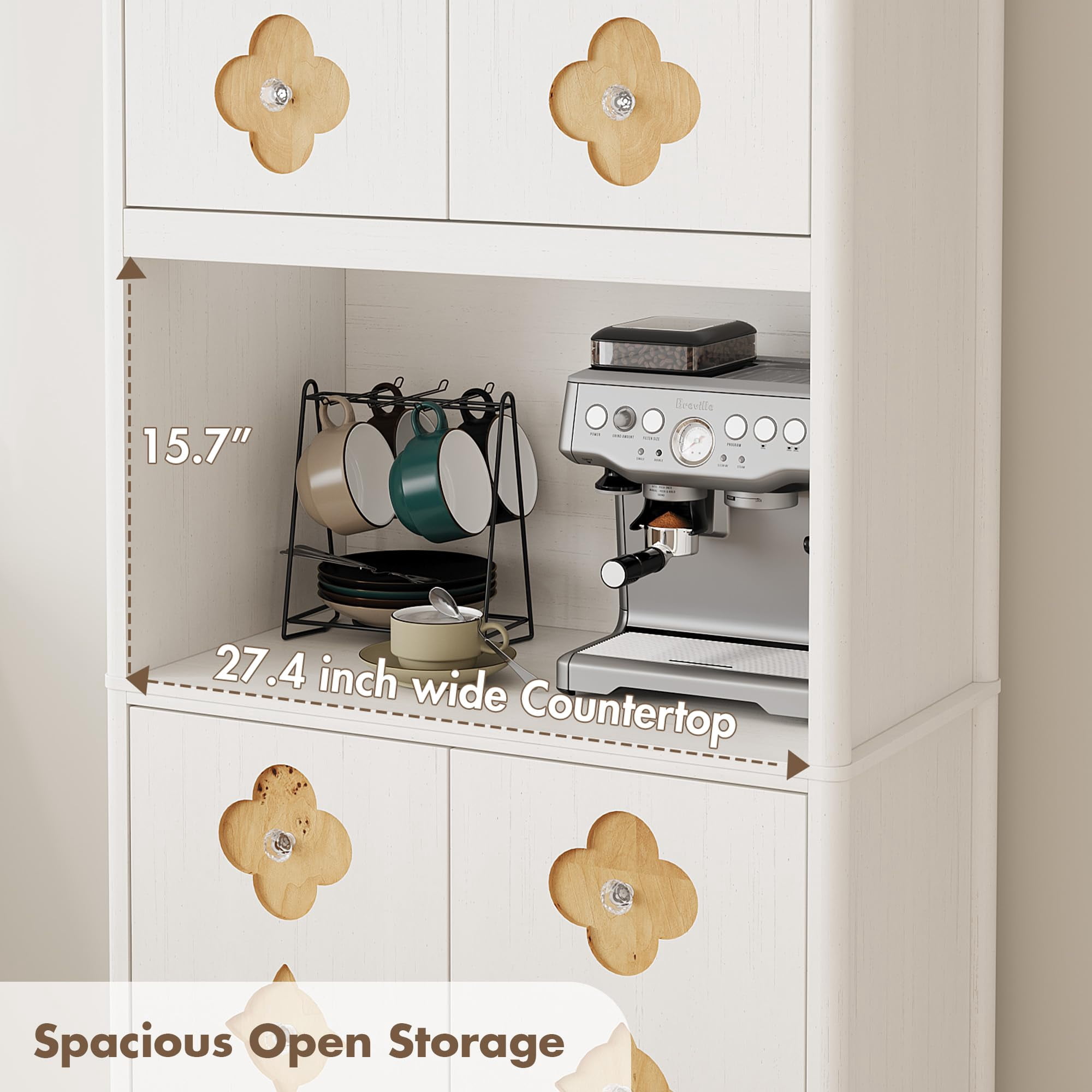 Kitchen Pantry Cabinet, 72" Tall Storage Cabinet with Countertop, Freestanding Wooden Hutch Cupboard with Carved Door & Crystal Handle, for Dining Room, Living Room