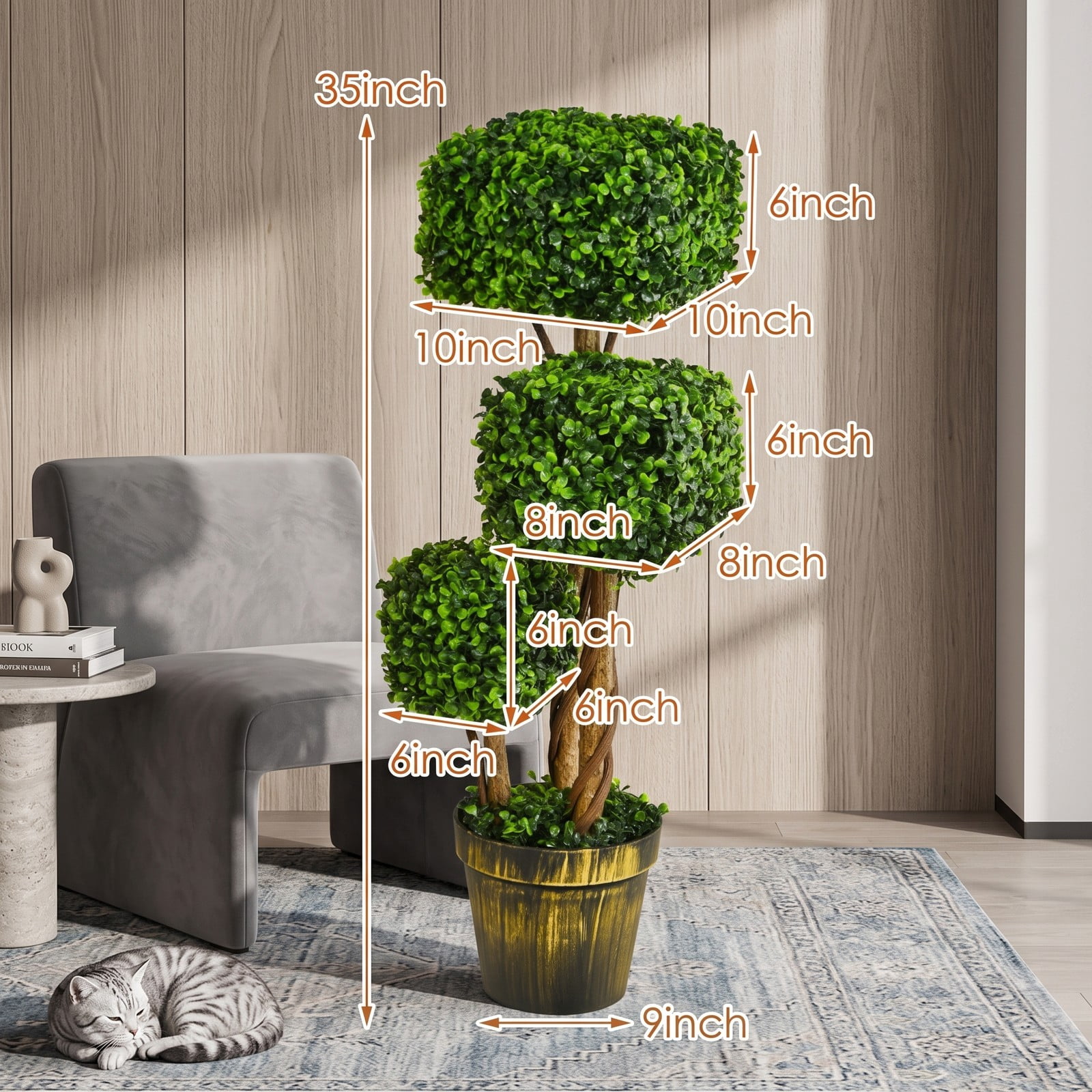 ALPULON 36 Inch Artificial Boxwood Topiary Tree, UV Protected Faux Boxwood Ball Plant with Cement Base for Indoor Outdoor Home Office Porch Patio Garden Decor, Green