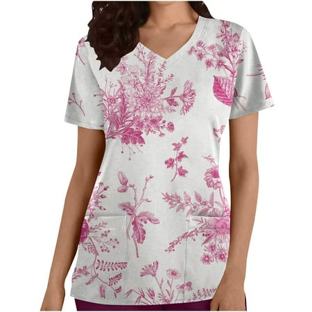 

Ecqkame Womens Scrubs Tops T-Shirt Fashion V-neck Plant Leaf Print Short Sleeve Pocket Coverall Top on Clearance Hot Pink XL