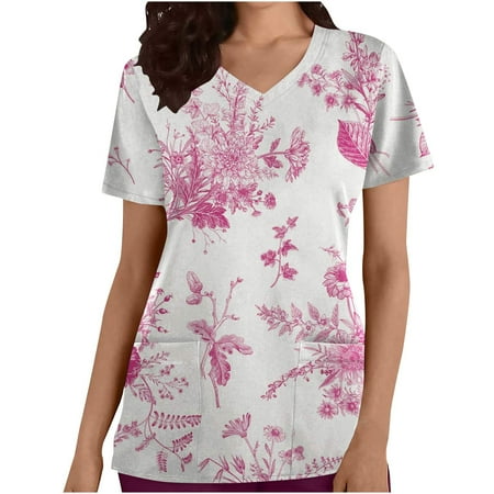 

CYMMPU Short Sleeve Scrub_Tops with Pockets Clearance Women s Nurse Uniform Workwear V-Neck Working Uniform Trendy Clothing Shirts Summer Tunic Retro Floral Printed Pattern Fashion Hot Pink M