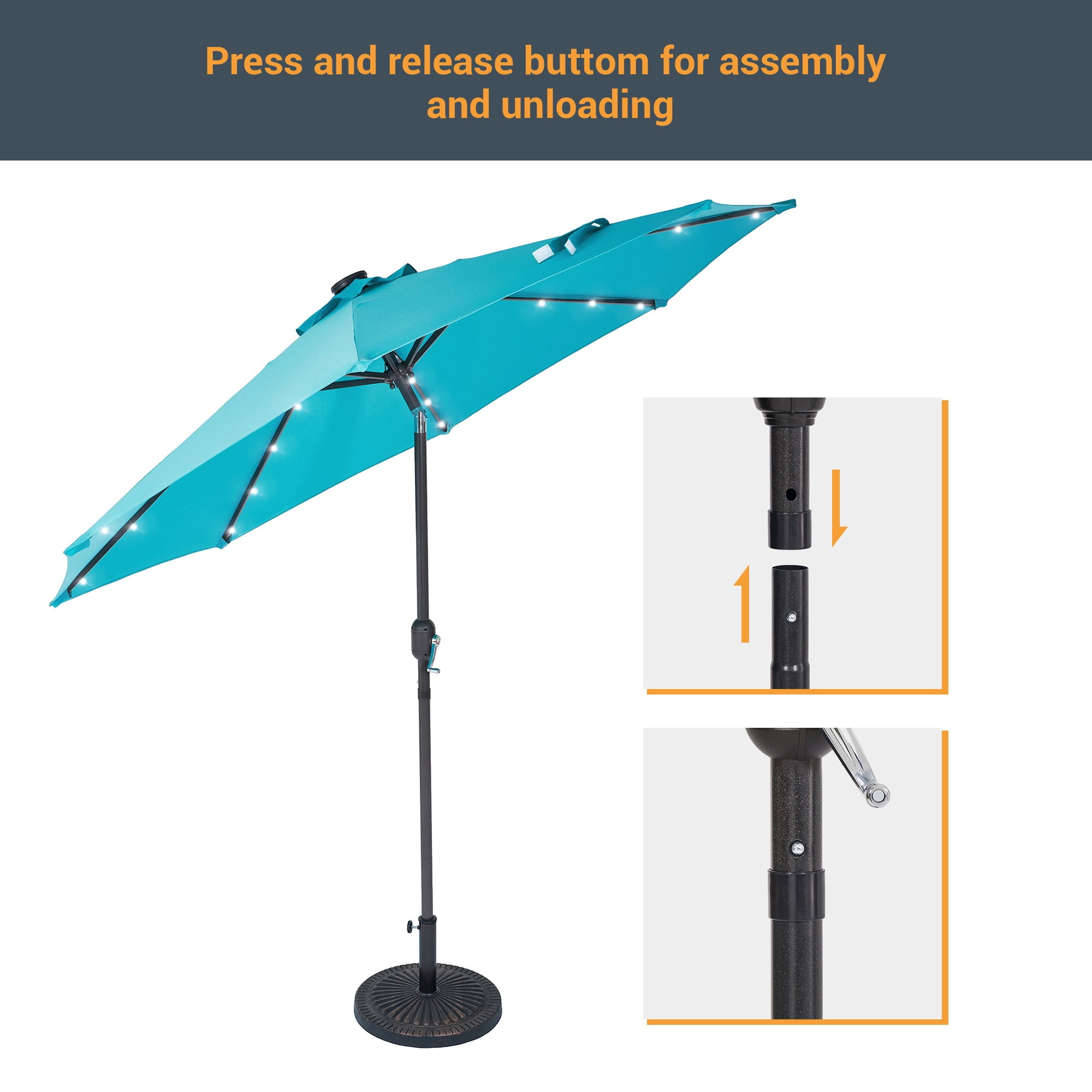 CHYVARY Outdoor LED 9Ft Patio Table Umbrellas with Solar Lights and Tile Button for Garden, Deck and Poolside,Lake Blue