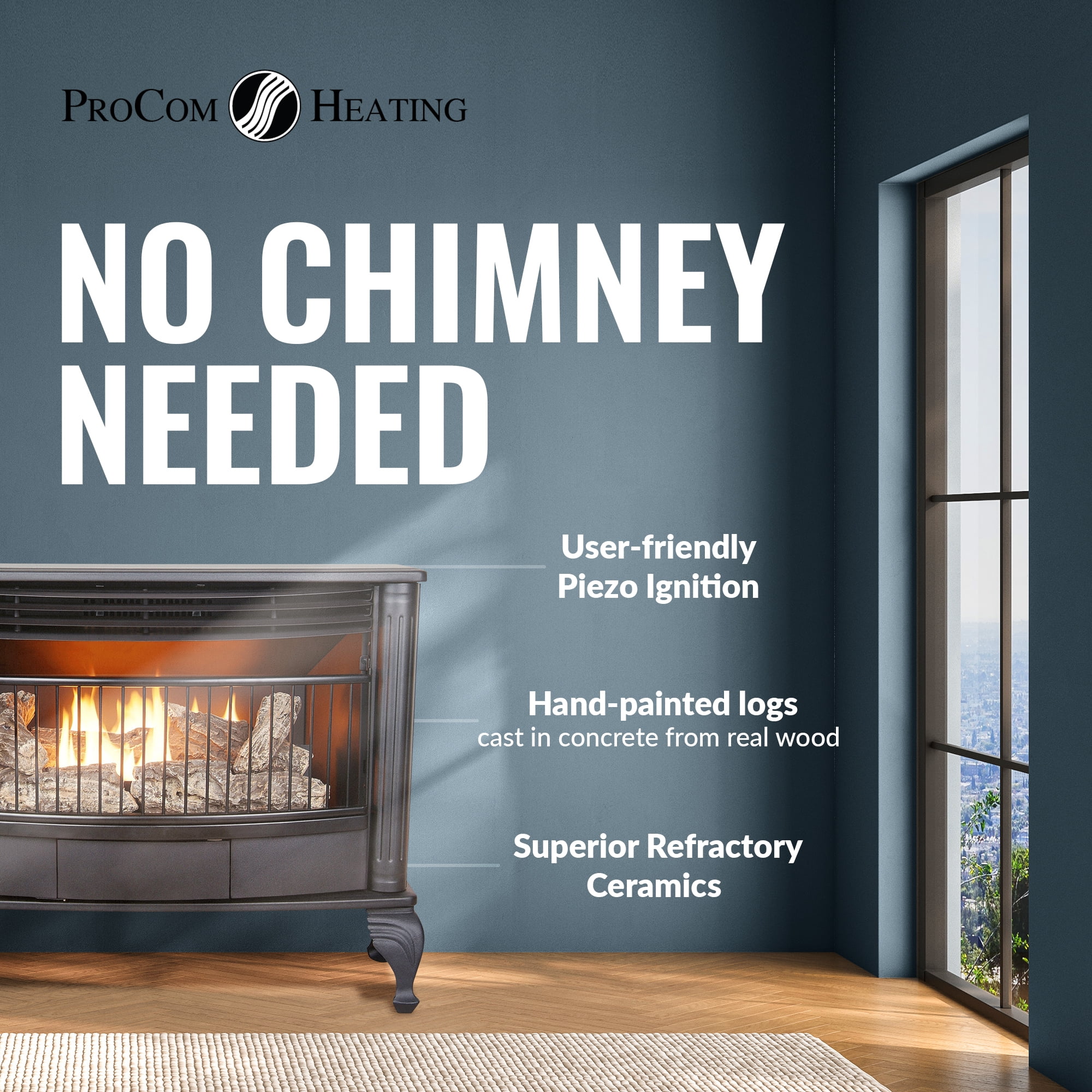 ProCom Ventless Dual Fuel Gas Stove - 25,000 BTU, Remote Control, Black Finish - Model# QNSD250RT