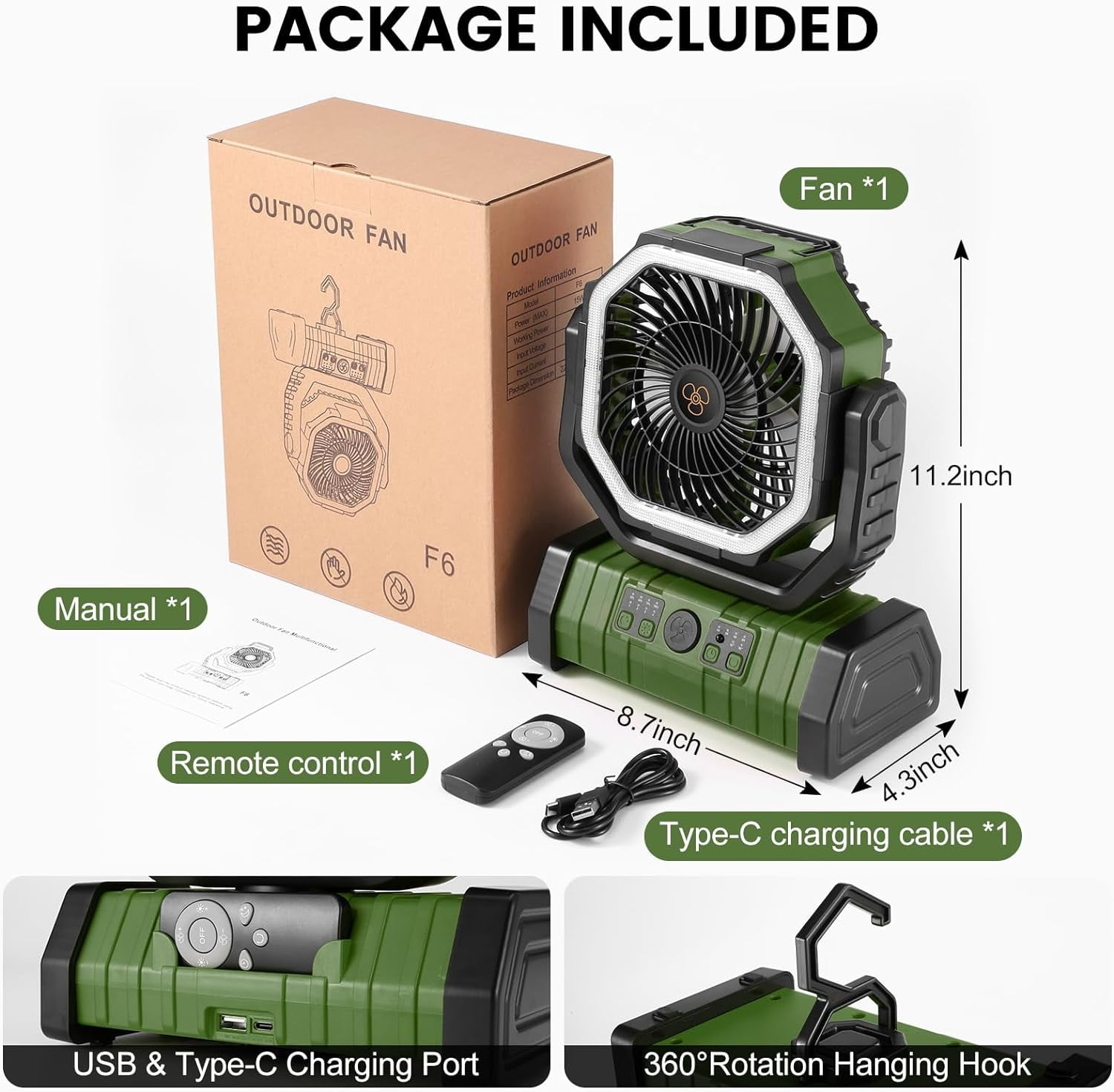30000mAh Camping Fan with LED Lantern, Rechargeable Battery Operated Oscillating Fan with Remote & Hook, Portable Tent Fan with Timer, 4 Speeds for Outdoor Camp RV Jobsite Power Outage, Green