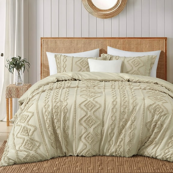 Lanco Beige Comforter Set Queen Size, Boho 3 Piece Clipped Jacquard Bedding Set, All Season Geometric Bedding Set, Matching Pillow Shams