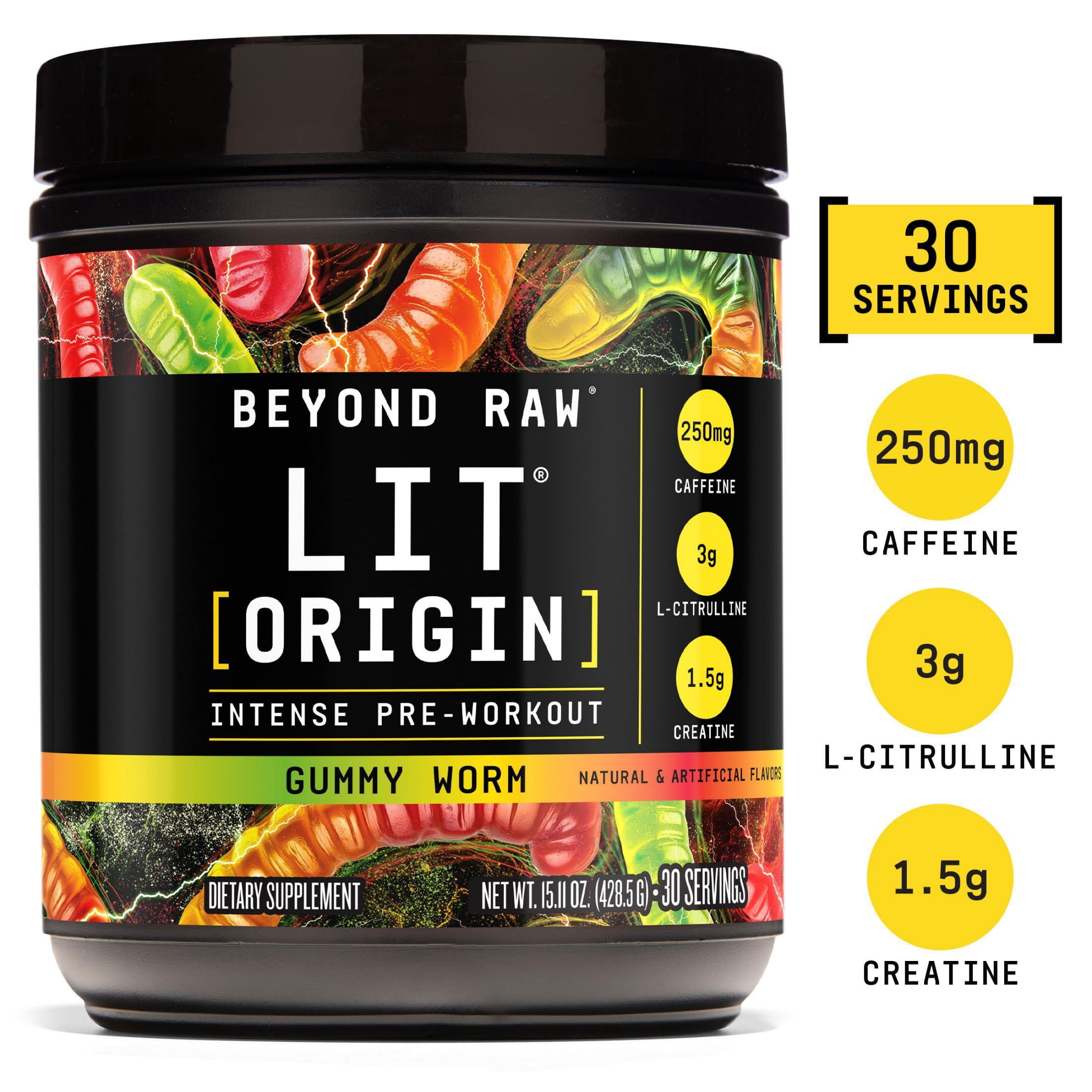 Beyond Raw LIT Origin Pre Workout Powder, Gummy Worm, for Men & Women, Energy & Pumps, 30 Servings