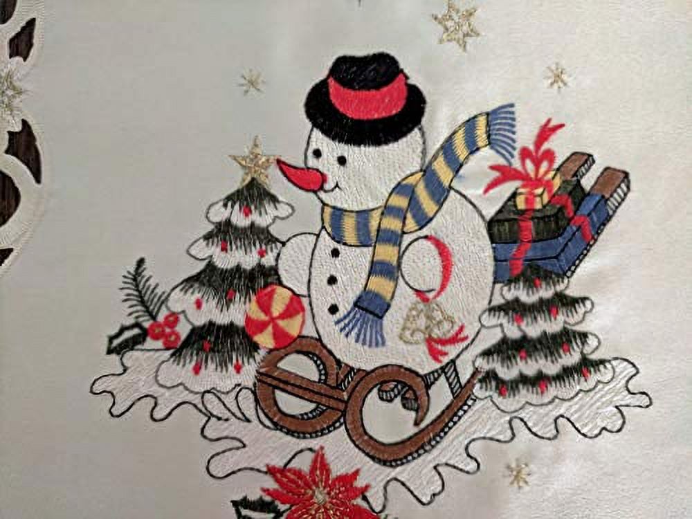Doily Boutique Christmas Table Runner with a Snowman on Ivory Fabric Size 34 x 15 inches