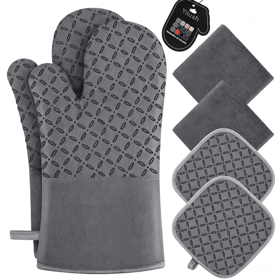 Oven Mitts and Pot Holders 6pcs Set, Kitchen Oven Glove High Heat Resistant 500 Degree Extra Long Oven Mitts and Potholder with Non-Slip Silicone Surface for Cooking (Grey)
