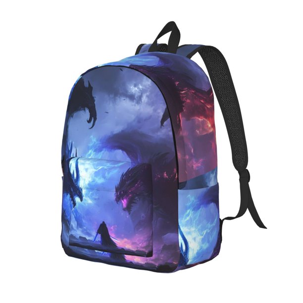 Disketp Red And Blue Fire Dragon print Canvas Backpack Lightweight Travel Daypack Student Rucksack Laptop Backpack-