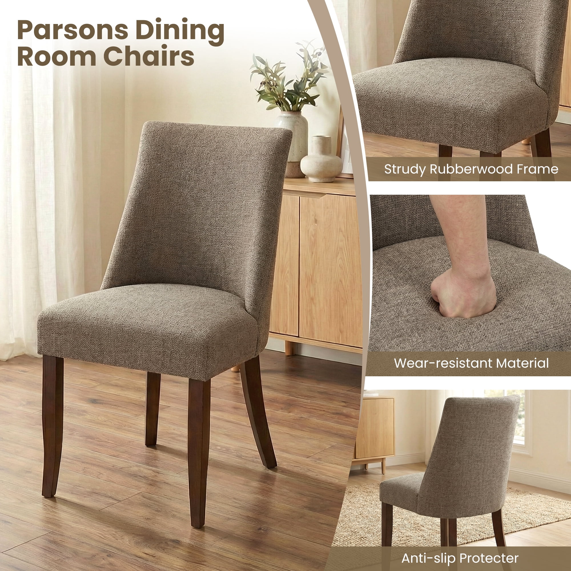 EOP Upholstered Dining Chairs Set of 6, Mid Century Modern Fabric Side Chairs with Solid Wood Legs, Comfortable Kitchen & Dining Room Chairs for Home, Restaurant Use, Brown