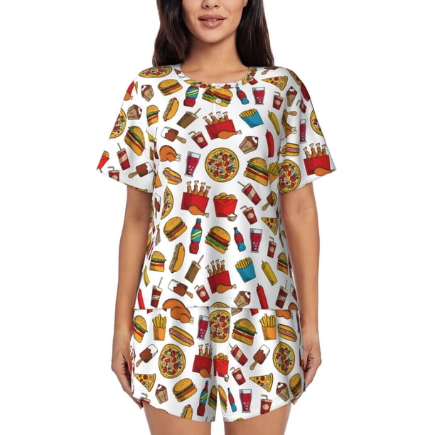 Fotbe Hot Dog Pizza Conjunto de Pijama Estampado para Mujer, 2 Piezas, Ropa de Dormir con Camiseta de Manga Corta y Shorts Suaves-3X-Large