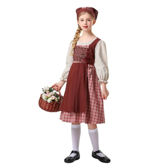 TEAJOPSUU 2 Piece Oktoberfest Set for Kids Girls German Bavarian Traditional Outfits Lantern Long Sleeve Dirndl Dress with Hat for Little Girls 5-12 Years Red
