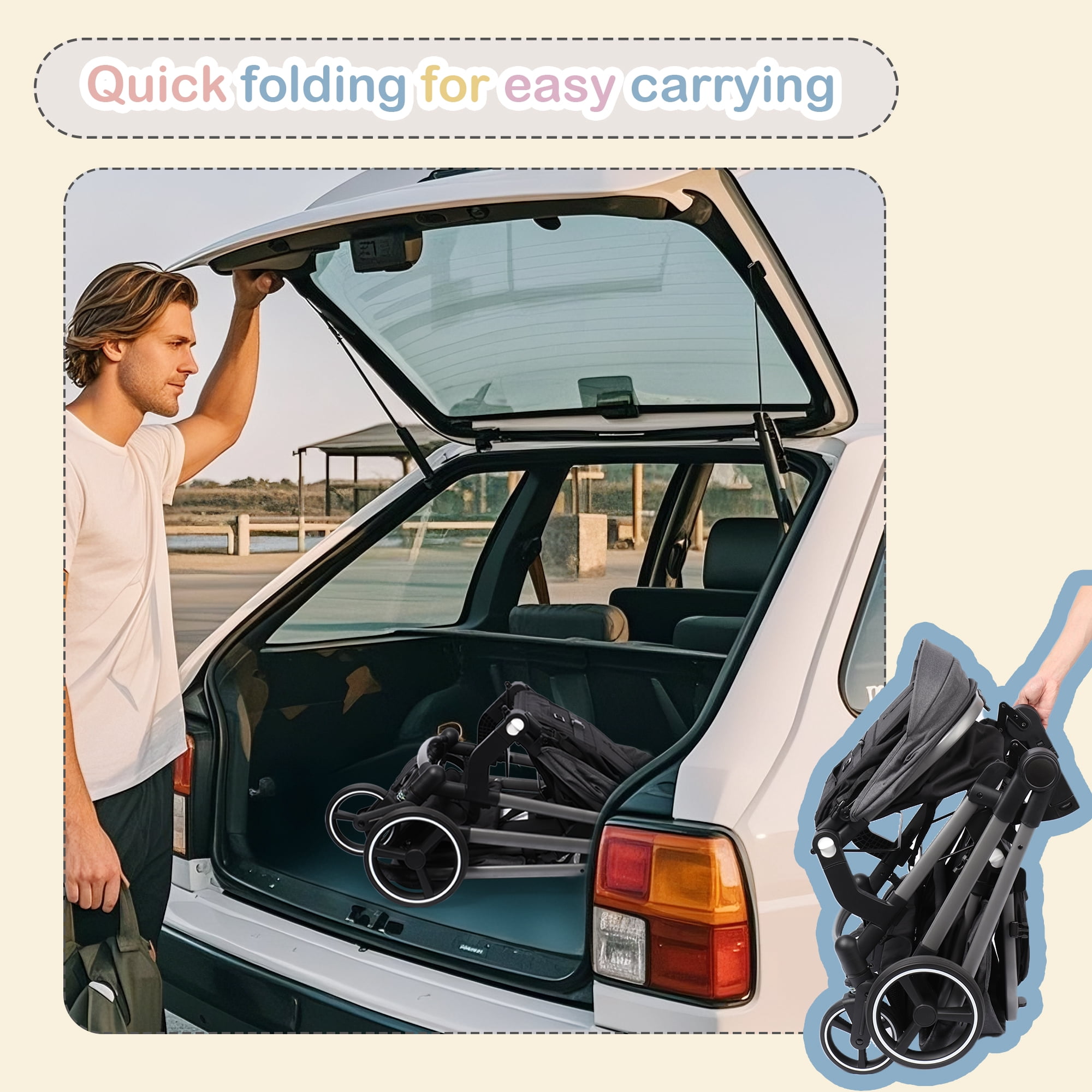 Double Stroller, Foldable Tandem for Infants & Toddlers, Reclining Seats, 5-Point Harness, Large Basket, Gray