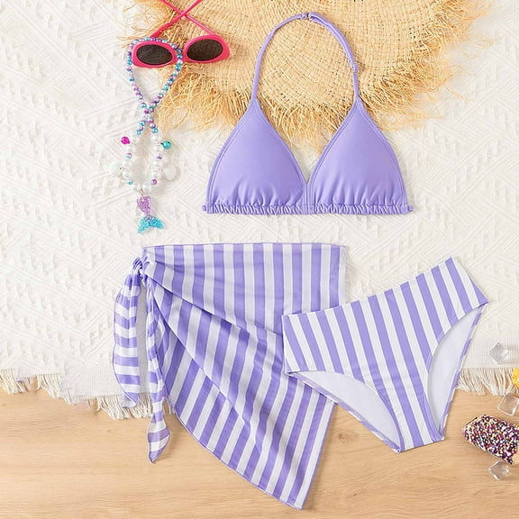 Girls 3 Pieces Swimsuit Set Textured Halter Triangle Beach Swimwear with Cover Ups Skirt Summer Beach Swimwear Tankini Bathing Suit Set for Teen Girl