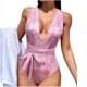 thumbnail image 1 of Trajes de Baño de Bikini de Mujer Color Sólido Glitter V Cuello Encaje Arriba sin Espalda Ajustado, Nylon para la Piscina de Playa Y Verano, 1 of 8