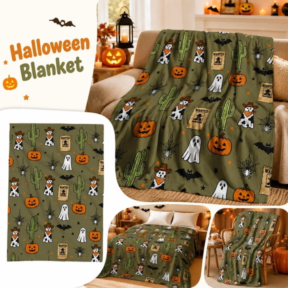 MInHoues 39×27.5" Halloween Decorative Throw Blanket, Western Cowboy Ghost and Pumpkin Pattern, Soft Cozy Flannel Plush Blanket for Couch and Bed, Seasonal Fall Home Decor
