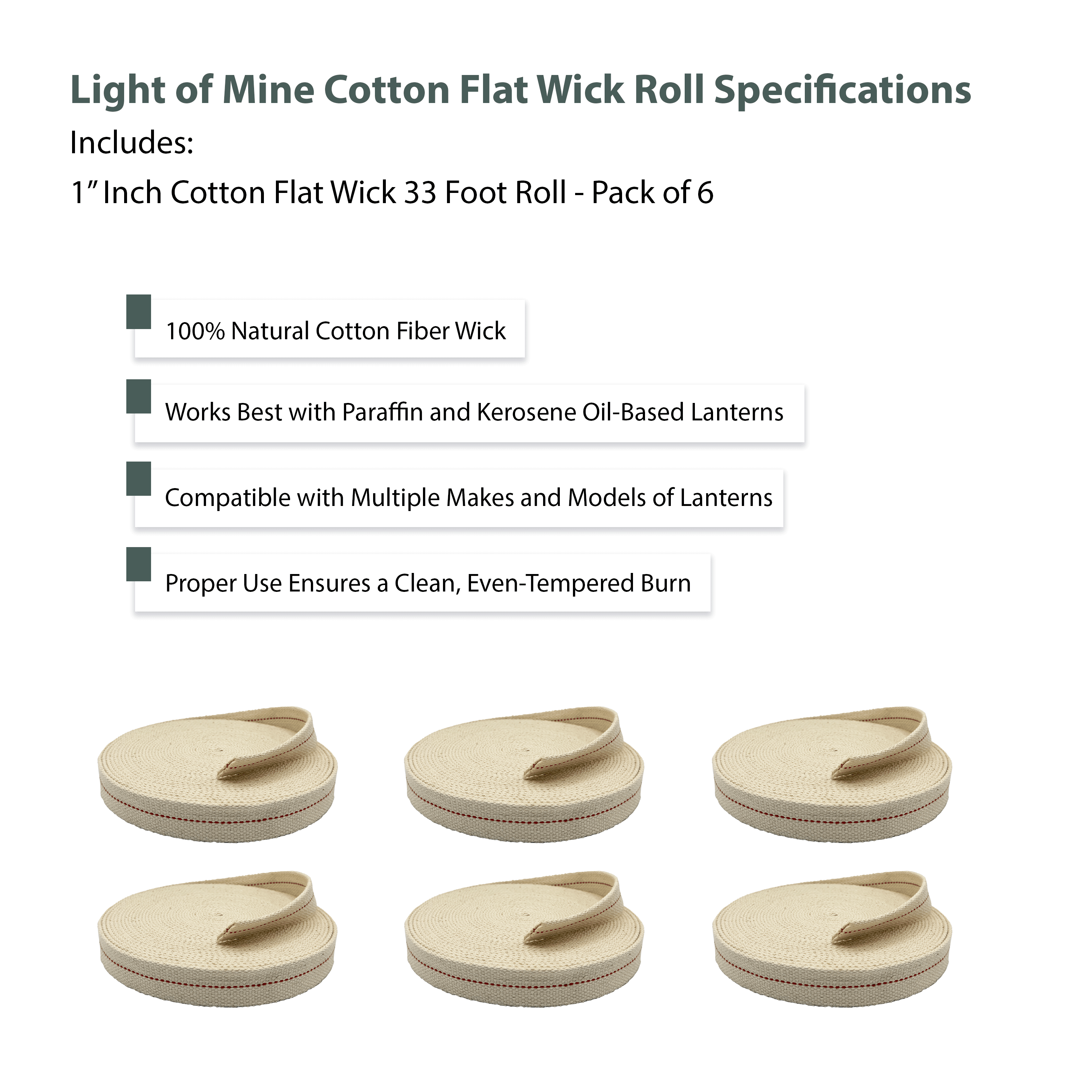 Light Of Mine 1" Inch 100% Cotton Flat Wick 33 Foot Roll for Paraffin Oil or Kerosene Based Lanterns and Oil Lamps with Genuine Red Stitch - Pack 6