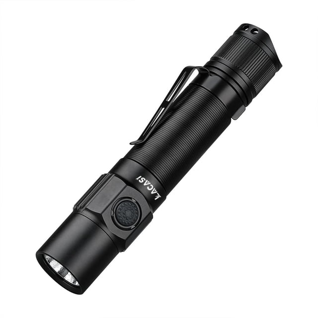 LACASI Linterna Led Recargable, Linterna Táctica Doble Botón 1800 Lúmenes, IP68 Impermeable, Lampara Tactica, 4 Modos y SOS (Resistente a Caídas)