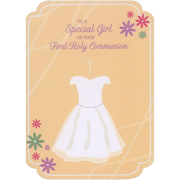 Designer Greetings White Dress on Light Orange Background with Thin Glitter Border Die Cut 1st / First Communion Congratulations Card for Girl