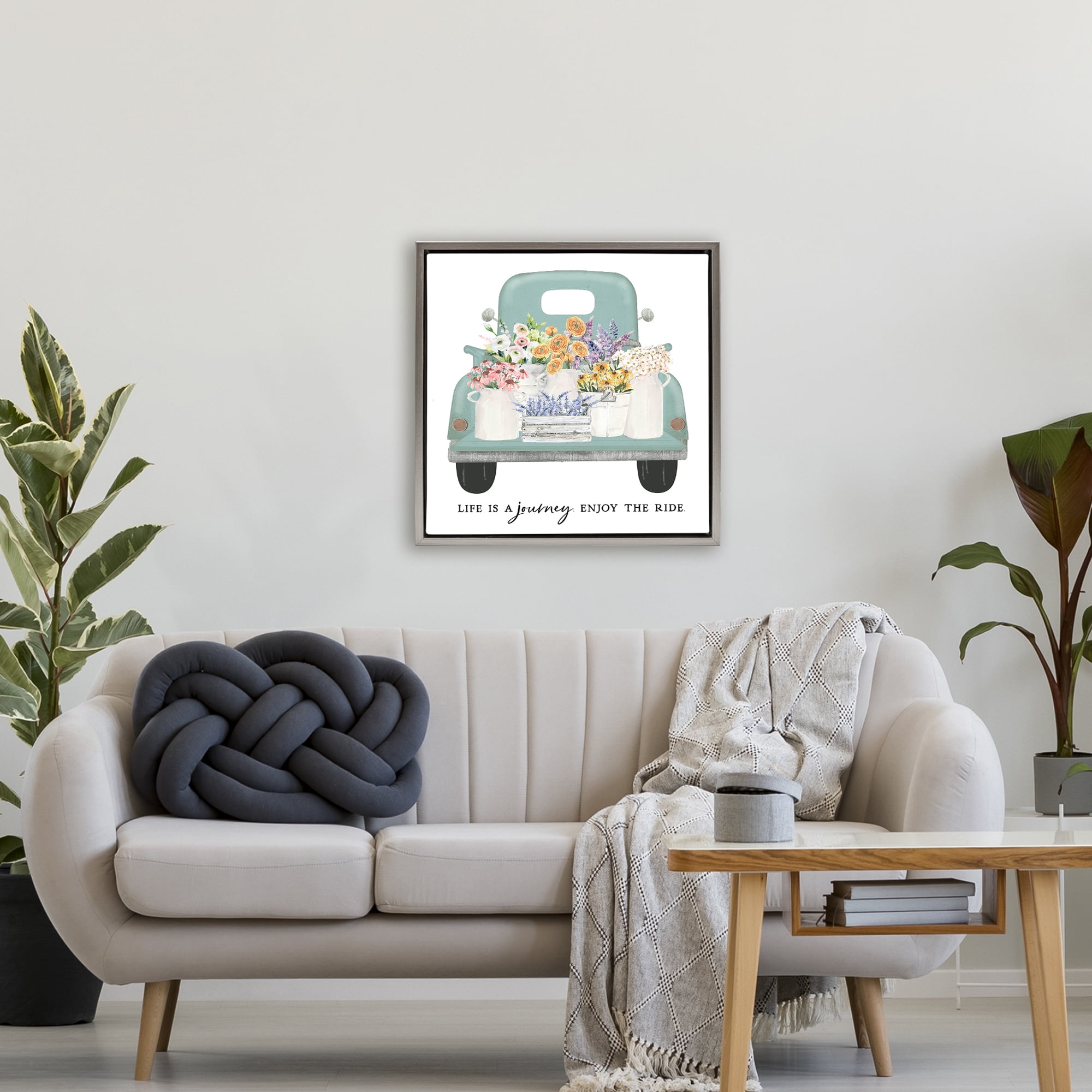 Enjoy Ride Floral Truck Gray Framed Floater Canvas Wall Art, design by Lettered and Lined
