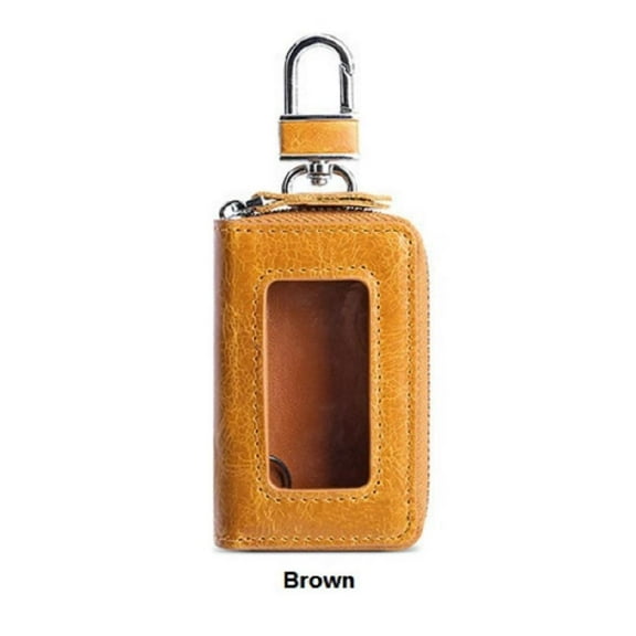 Genuine Leather Car Key Fob Case Holder for Men and Women, With transparent window,Brown