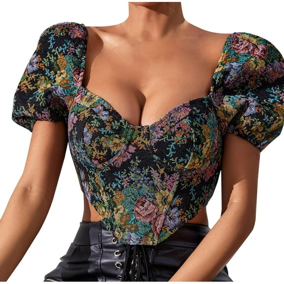 Odeerbi Renaissance Medieval Corset Tops for Women Vintage Floral Boned Corset 2025 Casual Summer V-Neck Sexy Short Top Black