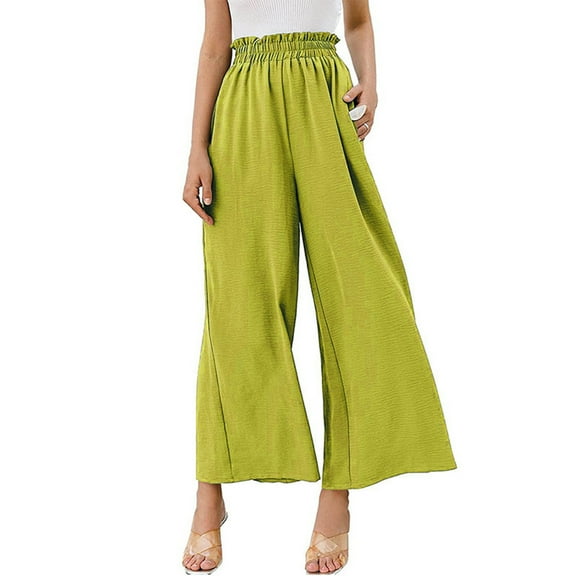2024 Womens HIgh Waist Wide Leg Pants Linen Casual Pants with Pockets Solid Color Baggy Trousers