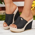 thumbnail image 3 of Women's Denim Platform Slide Sandals with Double Buckles Comfortable Open Toe Chunky Wedge High Heels Slip on Summer Slides for Vacation Beach (6.5,Black), 3 of 6