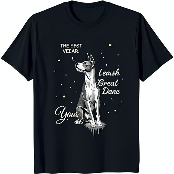 Black T-Shirt with Great Dane Graphic & Hearts 'The Best Leash' Design
