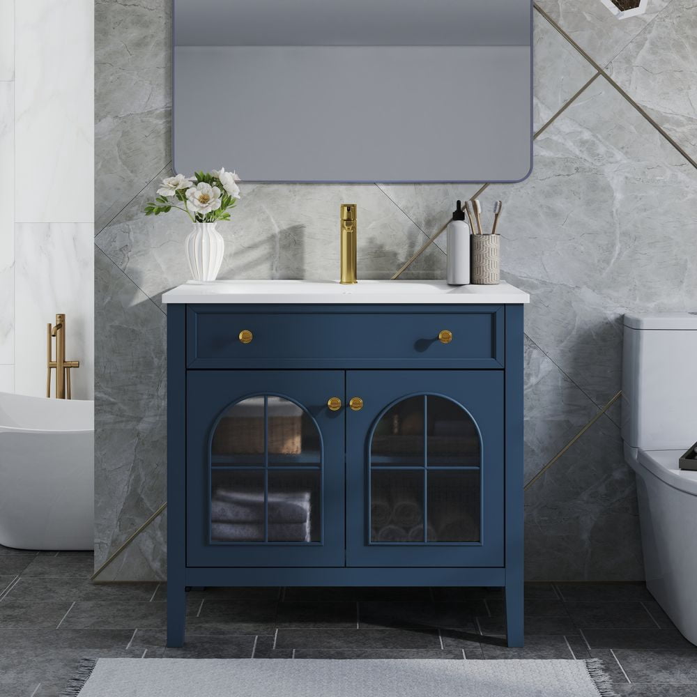 WGYPRIME 35.6" Mid-Century Bathroom Vanity with Sink, Farmhouse Bathroom Storage Cabinet with Glass Doors & Motion-sensor Light Strip, Freestanding Single Sink Bathroom Vanity Combo