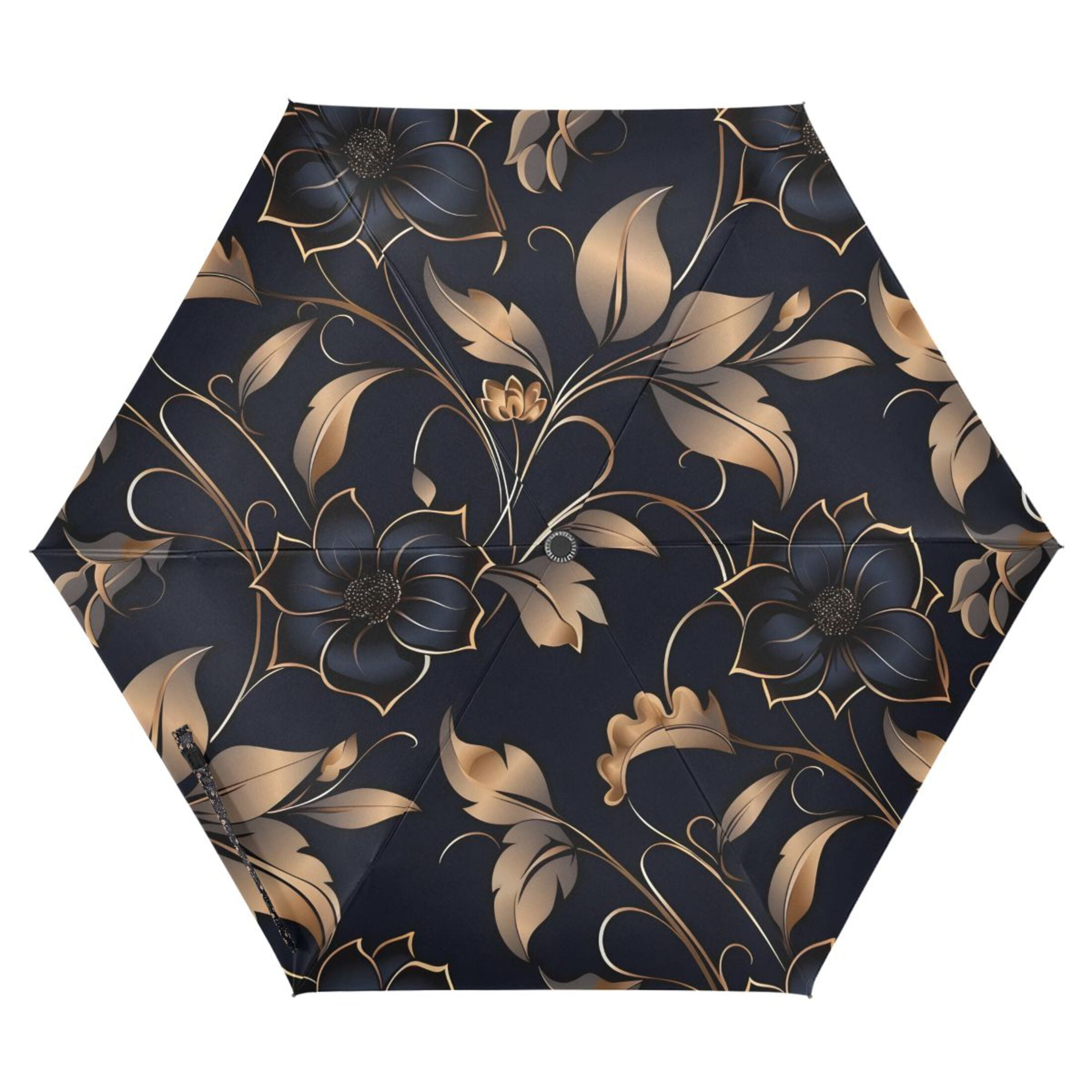 Gold Leaves and Elegant Flower Compact Sun Umbrella Windproof Travel Umbrellas for Rain Strong Portable UV Protection