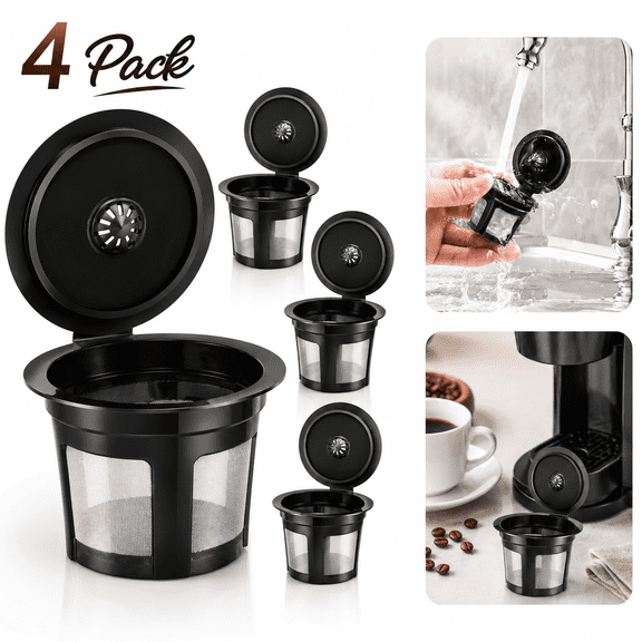 Reusable K Cups, 4 Pack Universal Fit Reusable Coffee Filters with Food Grade Stainless Steel Mesh Eco-Friendly Coffee Pods, for 1.0 and 2.0 Brewers