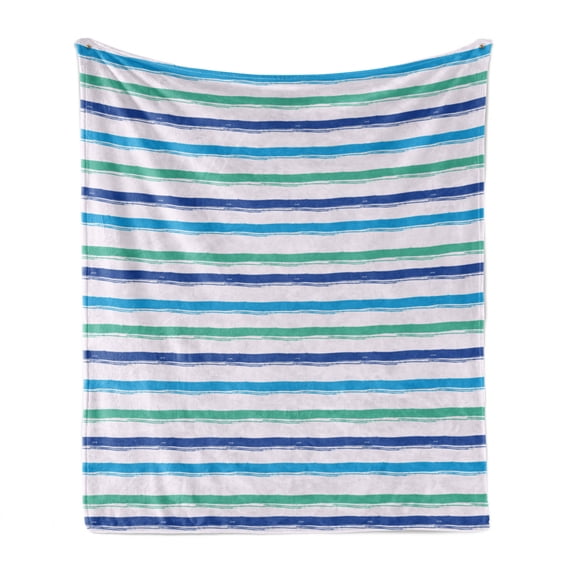 Harbour Stripe Soft Flannel Fleece Blanket, Brushstroke Lines Backdrop in Several Tones Modern Minimalist Design, Cozy Plush for Indoor and Outdoor Use, 50" x 60", Royal Blue Seafoam, by Ambesonne