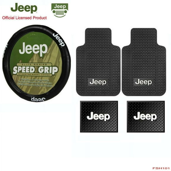 Jeep Logo 2 Front Vinyl Floor Mats and 2 Rear Vinyl Floor Mats with Wheel Cover Set