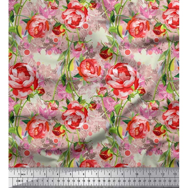 Soimoi Orange Poly Georgette Fabric Leaves & Floral Print Sewing Fabric BTY 42 Inch Wide
