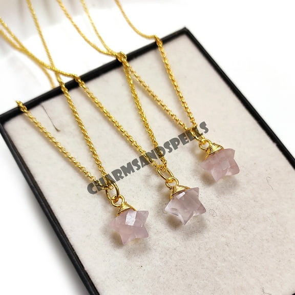 Natural Rose Quartz star Necklace, Dainty Rose quartz star necklace, 14K Gold Plated Necklace, Birthday Gifts, Gift For Her Necklace