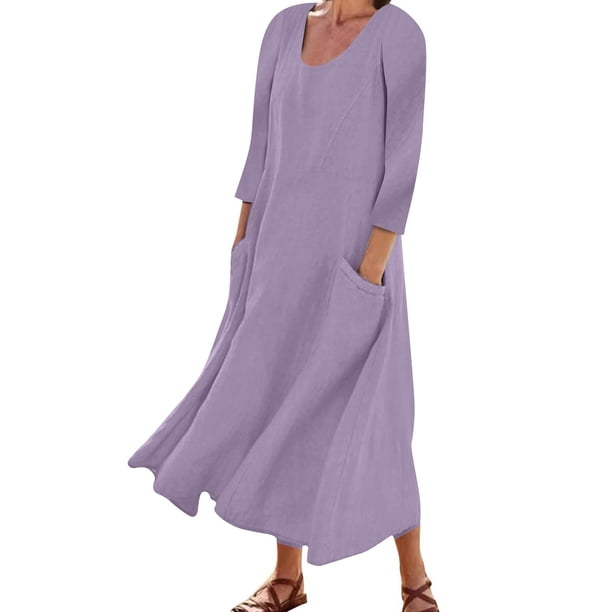 Vestido Largo Casual Gibobby Mujer 3 de 4 Manga Cuello Redondo Suelto Boho Color Sólido