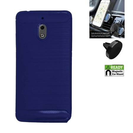 Nokia Camera Holder Phone Case for Verizon Prepaid Nokia 2V, Nokia 2V Case Brush Textured Slim-Flex Gel Cover with Magnetic Holder (Brush Flex Gel Navy Blue + Magnetic Car Mount) ()