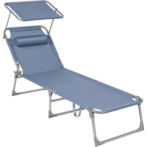 Boutique Home Folding Sun Lounger Chair with Sunshade Headrest and Adjustable Backrest - Blue