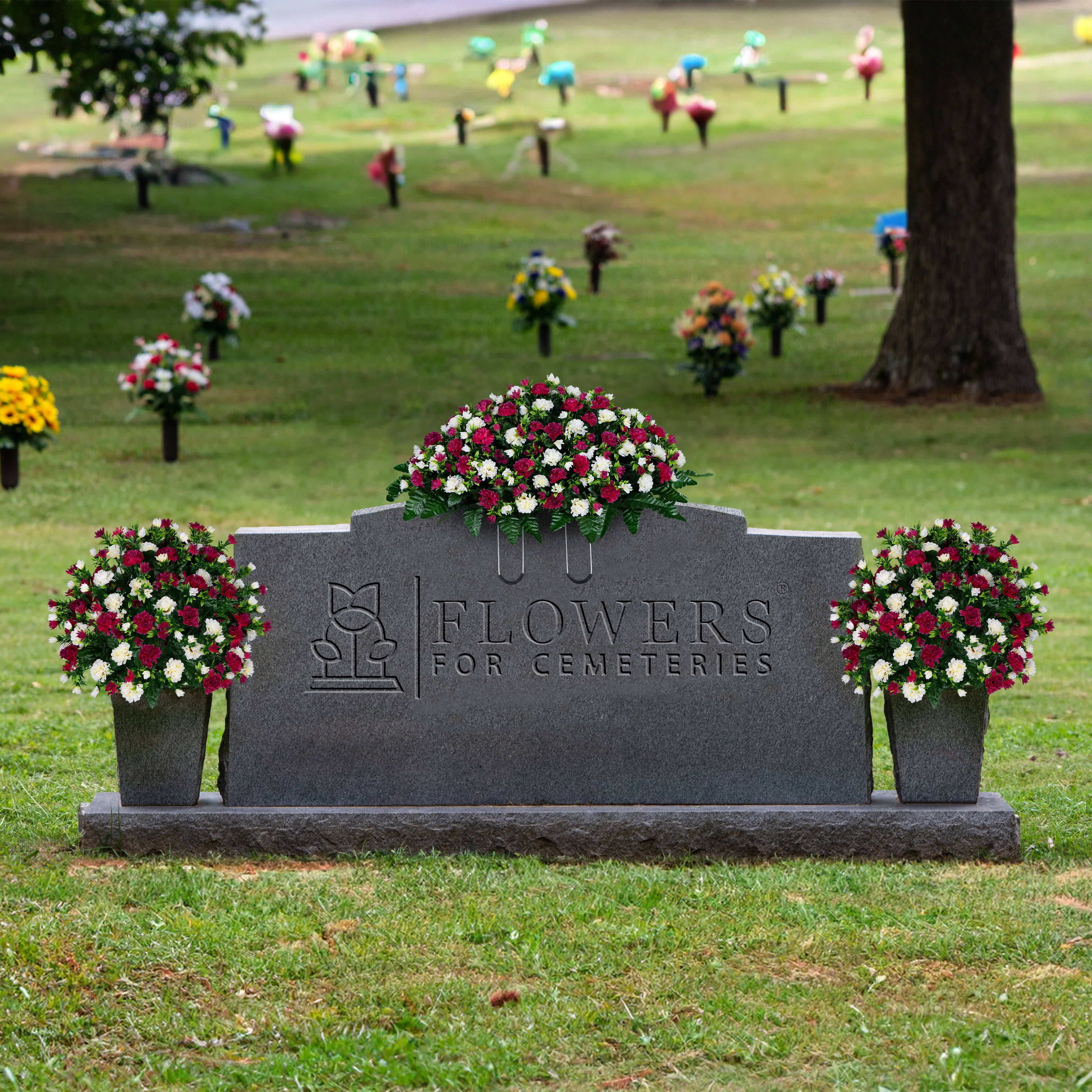Sympathy Silks Artificial Cemetery Flowers Beauty and Cream Garden Mums 2 Bouquets & Saddle