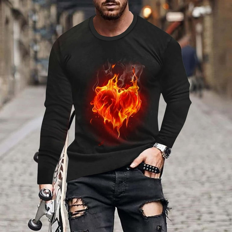 Penkiiy 2024 Men s Valentine s Day Heart Flame Print Long Sleeve T Shirt Top XS Black
