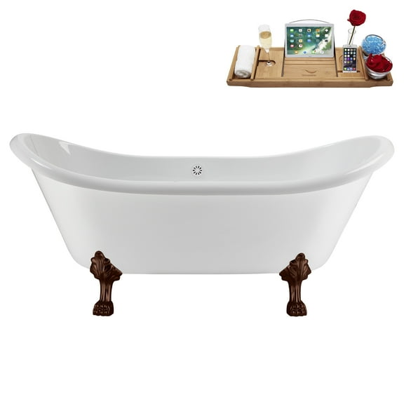 71" Streamline N5100ORB-WH Soaking Clawfoot Tub and Tray With External Drain in Glossy White and Matte Oil Rubbed Bronze Clawfeet