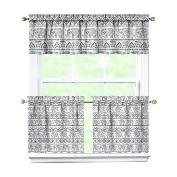 Bohemian Floral Tier Curtains 3-Piece Set - Ethnic Elephant & Mandala Print Kitchen Drapes with Valance, Rod Pocket Short Curtains for Small Windows