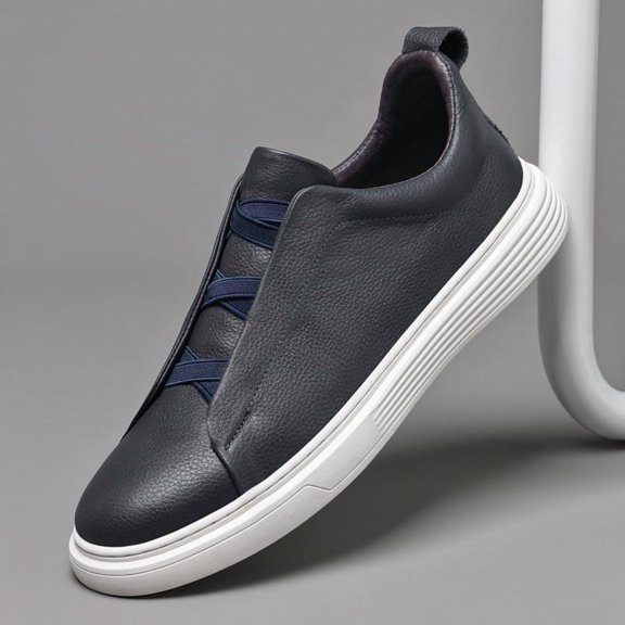 Dark Gray Genuine Leather Slip-On Navy Elastic Band Platform Casual Shoes