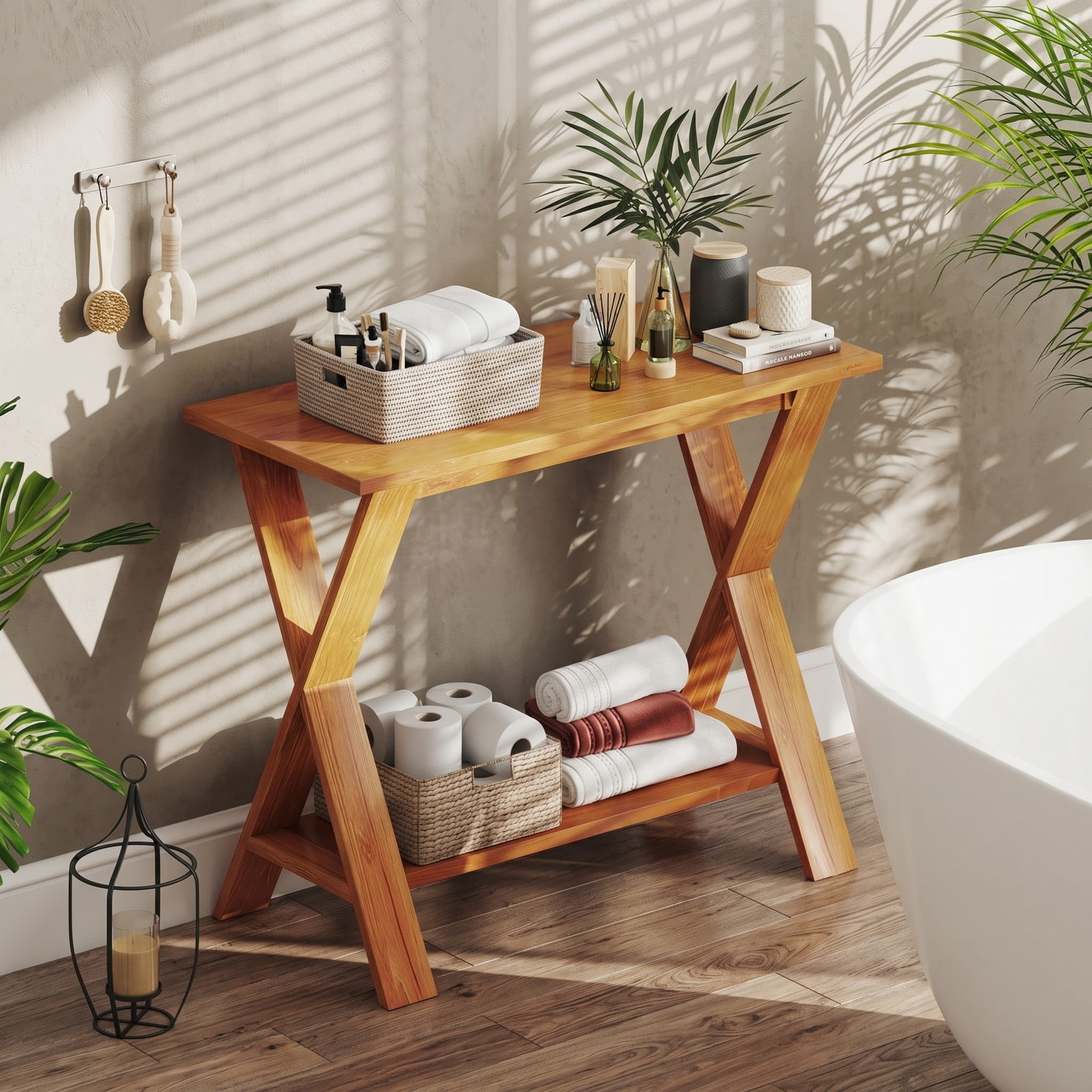 Furnibear 35 Inch Solid Teak Wood Console Table with Open Storage Shelf and X-Shaped Legs for Entryway and Living Room, Natural