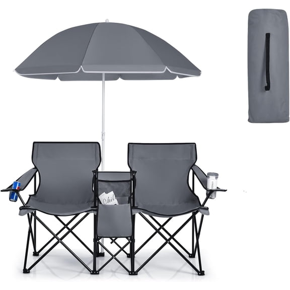 Themis Double Camping Chair, 2-Person Portable Beach Chair w/Removable Umbrella, Cup Holders & Carrying Bag, Folding Loveseat Chairs for Adults Outdoor Picnic (Grey)
