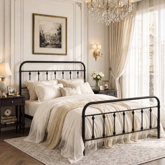 Amolife Queen Size Metal Platform Bed Frame with Vintage Headboard & 12.6" Under-Bed Storage, Black