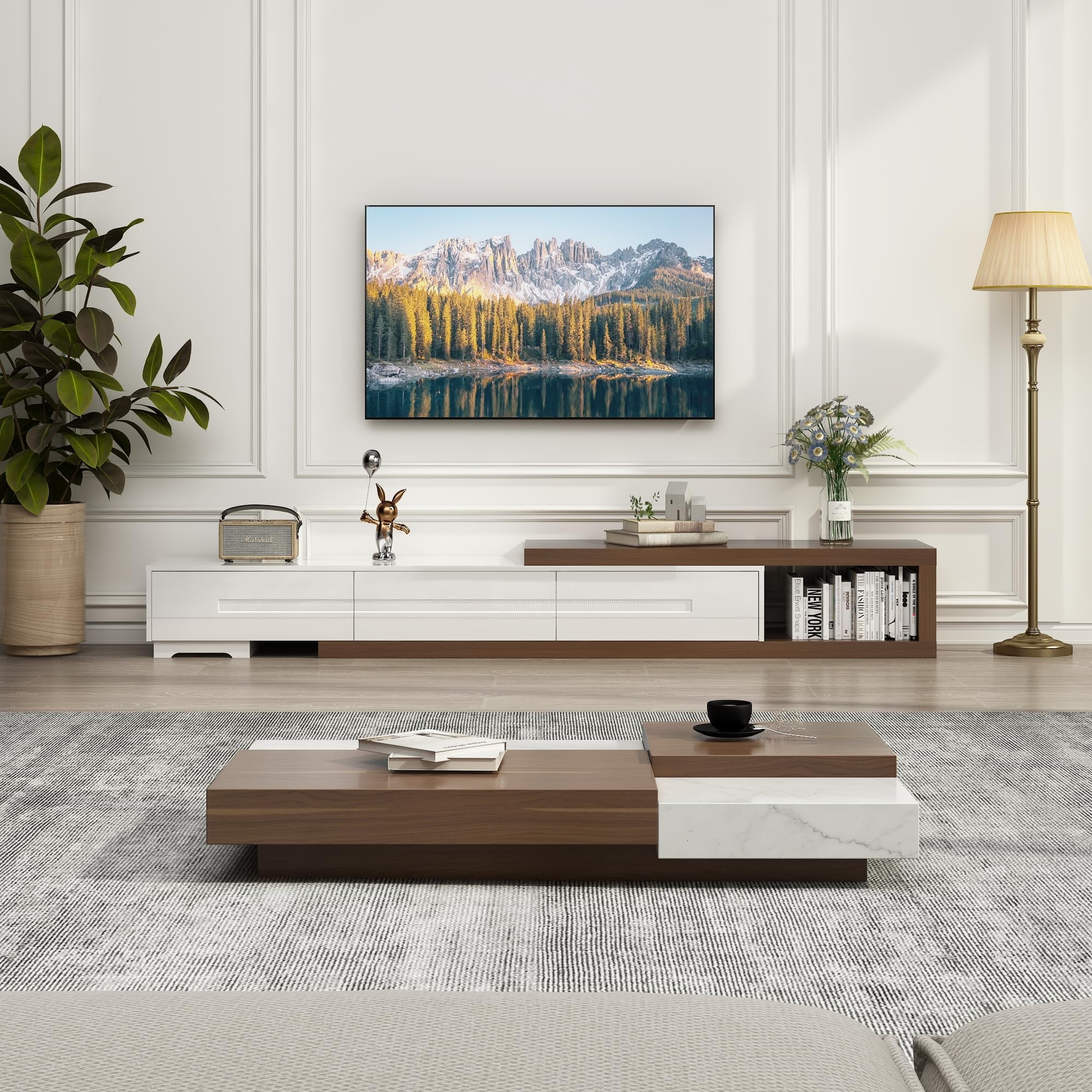 ChVans Extendable TV Stand for 85/100/120 inch TV, 82"-110" Wood Reversible TV Media Console with 3 Drawers, Modern Entertainment Center for Living Room,Bedroom, White-Walnut